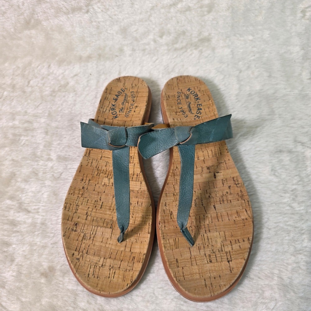 Kork-Ease Myrna Thong Sandals Blue Leather Bow Cork Women 11 Excellent